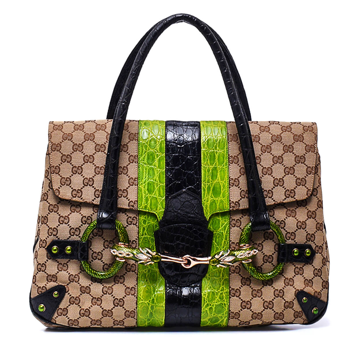 Gucci -GG Canvas Crocodile Leather Jeweled Horsebit Web Shoulder XL Bag by Tomford Edition